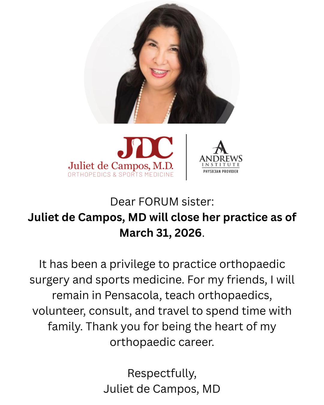 Dr. Juliet de Campos Retirement